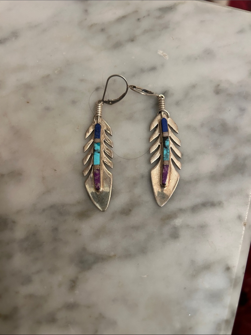 Silver Feather Drop Earrings with Blue, Turquoise and Purple Inlay.